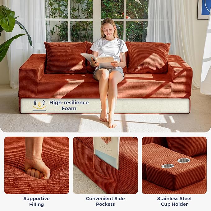 MAXYOYO Convertible Sofa Bed, 80" Oversized Boneless Loveseat Couch 4 in 1 Foldable Floor Sofa Couch in A Box with 2 Cup Holders, Folding Chair for Living Room, No Assembly Required, Orange