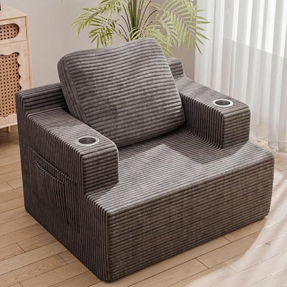 Homall 42” Single Sofa Foam Couch for Small Spaces Upholstered Floor Sofa with Cup Holder & Storage Pocket Boneless Couch for Bedroom Living Room (Grey, Single)