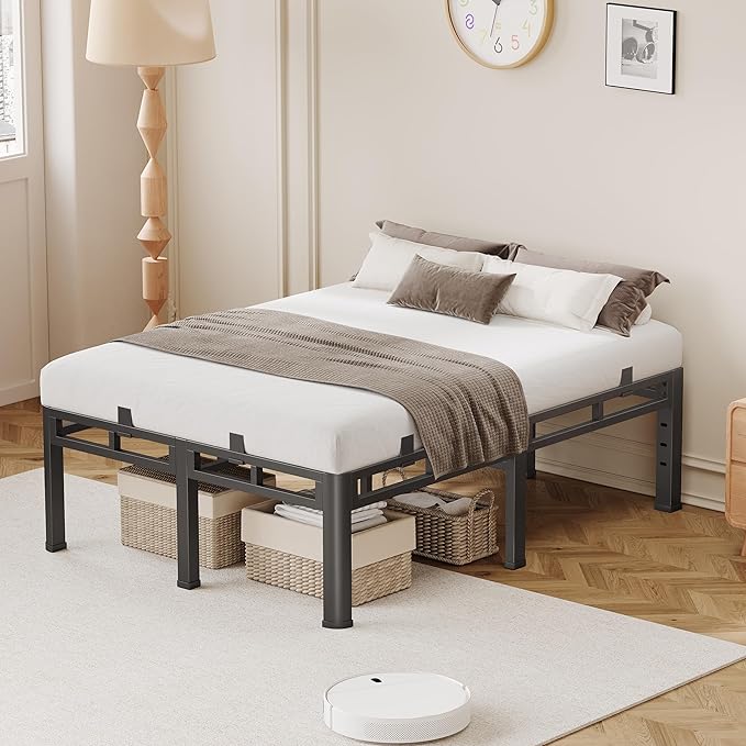20 Inch Full Size Bed Frame, Double Layer Heavy Duty Bed Frames 4000 lbs Capacity, Metal Platform with Headboard Holes, Round Corner Legs, Mattress Slide Stopper, Easy Assembly