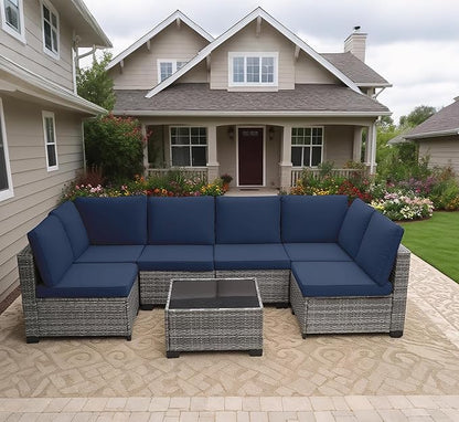 MOCHITO 7 Pieces Outdoor Patio Furniture Sets, All-Weather Sectional Sofa Grey PE Rattan Wicker Conversation Set with Glass Table and Washable Blue Cushions for Backyard,Sunroom,Garden,Porch