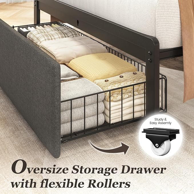 Fluest Twin Bed Frame with Storage Drawer, Upholstered Headboard Button Tufted Bed Frame with Charging Station, No Box Spring Needed, Noise-Free, All Metal Structure, Grey