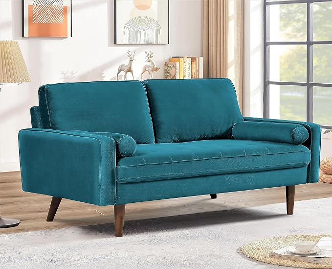 Container Furniture Direct Velvet Tufted Sofas for Living Room, Classic Mid-Century Style with Modern Silhouette, Button Tufting and Wood Legs, Includes 2 Bolster Pillows, Loveseat, Greenish Blue