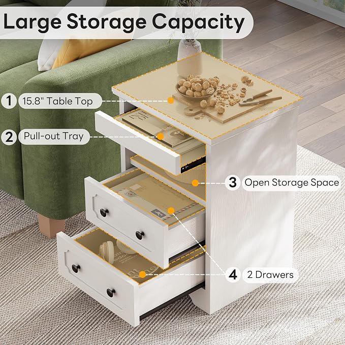 LIKIMIO Night Stand, Modern Bedside Table with 2 Drawers, Open Shelf, End Table with Pull-Out Tray, Wood SideTable, White