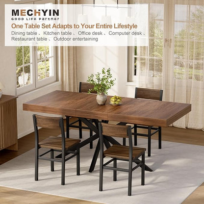 5-Piece Dining Table Set for 4 6 8, Large 55"-70.9" Extendable Dining Room Table Rectangle with Kitchen Chairs of 4, MDF Wood & Metal Frame for Apartment Kitchen Saving Space, Rustic Farmhouse, Walnut