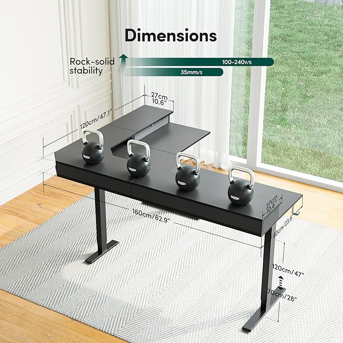 CubiCubi 63x48 Inches L Shaped Standing Desk with 3 Drawers and Monitor Shelf, Height Adjustable Corner Computer Desk with Hooks, Sit Stand Up Ergonomic Home Office Workstation Table, Modern Black