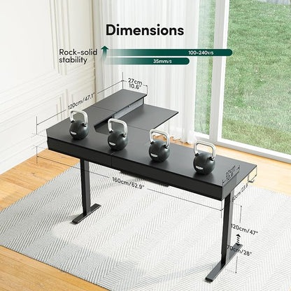 CubiCubi 63x48 Inches L Shaped Standing Desk with 3 Drawers and Monitor Shelf, Height Adjustable Corner Computer Desk with Hooks, Sit Stand Up Ergonomic Home Office Workstation Table, Black
