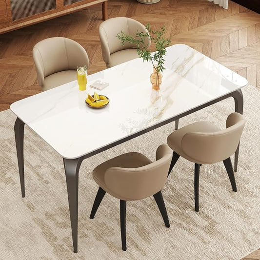 55" White Rectangular Sintered Stone Dining Table with Metal Legs | Versatile kitchen furniture for indoor and outdoor placement, matched with adjustable silent foot pads.
