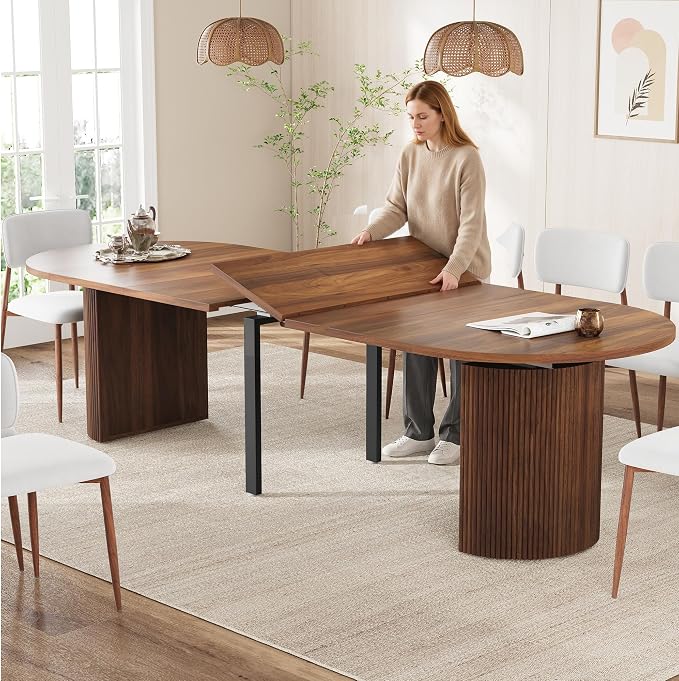 weselon 42"-120" Extendable Dining Table for 4-14, Expandable Oval Dining Room Table with Fluted Pedestal Base & Reinforced Metal Support Leg, Extra Large Modern Kitchen Table (Walnut)