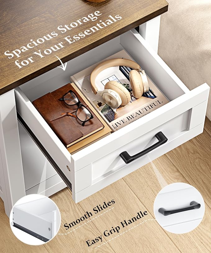 Decofy Farmhouse Nightstand with Charging Station & Large Storage, Set of 2 Modern End Tables with Outlets, USB Ports and Type-C Ports, Easy Assembly for Bedroom (Pure White + Walnut)