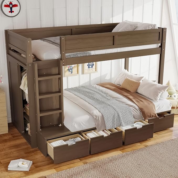 Bellemave Twin Over Twin Bunk Bed with Storage Drawers,Solid Wood Bunk Bed with Built-in Wardrobe,Storage Shelf and Safety Guardrails for Kids Girls Boys,Brown