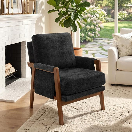 RNKSFX Black Accent Chair for Bedroom & Living Room, Mid Century Modern Accent Arm Chair, Upholstered Anthropologie Accent Chair with Solid Wood Frame, Fabric