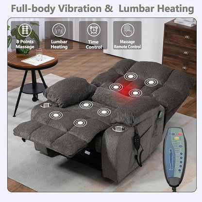 JIKFRIMA Power Lift Recliner Chair for Elderly, Dual Motor Lift Chair with Heat and Massage, Lay Flat Lift Chair for Adults, Cup Holders, Lumbar Pillow, Chenille,Dark Grey