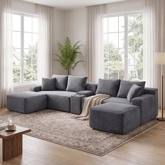 127" U-Shaped Cloud Sectional Couch Oversized Modular Compressed Boneless Sectional Sofa with Ottoman Chaise Lounges & Console, Plush Corduroy Boneless Symmetrical Sofa