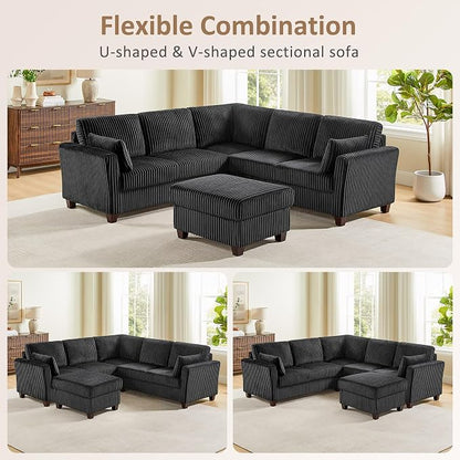 VANOMi Sectional Corner Couch, Corduroy L Shaped Sofa, 6-Seat Couch,Black