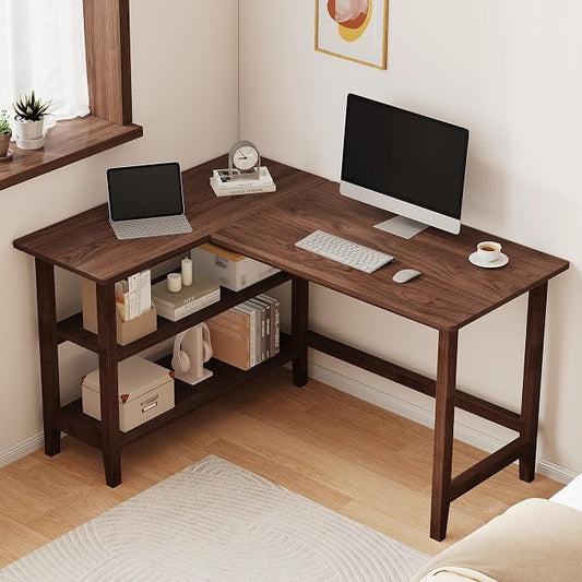 IOTXY Reversible L-Shaped Office Desk - 45" Compact Corner Computer Table with Storage Shelves, Solid Wood Legs, Writing & Study Workstation for Small Spaces, Walnut