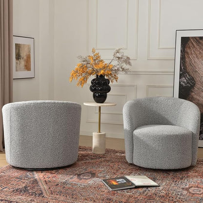 KINWELL 34" W Swivel Barrel Chair Set of 2, Mid Century Modern Round Upholstered Boucle Swivel Accent Chairs, No Assembly Sofa Chair for Living Room Bedroom Reading, Black White
