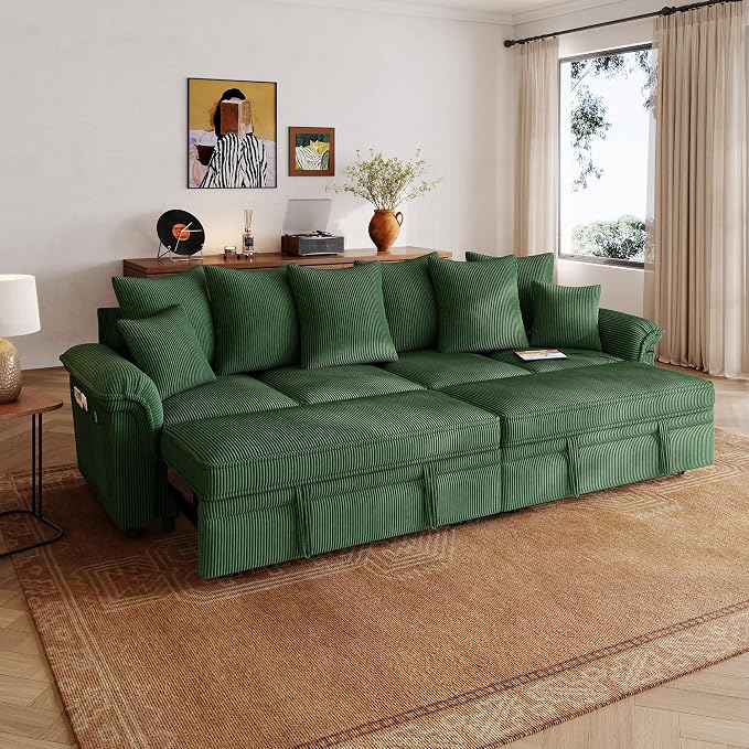 LINSY HOME Oversized Sectional Sleeper Sofa with Pull Out Couch Bed (Green, 110.5'') | USB Charging