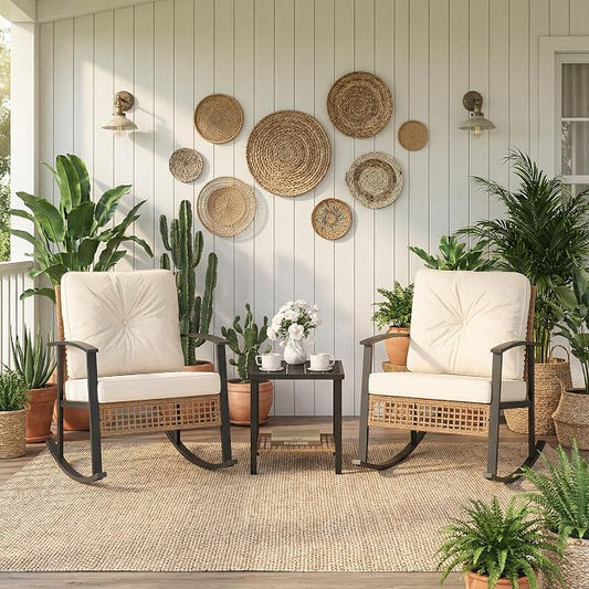 COSIEST 3-Piece Outdoor Rocking Chairs Bistro Set, Rattan Patio Furniture with Thick Warm Beige Cushions & 2-Tier Storage Coffee Table for Garden, Porch, Balcony,Backyard