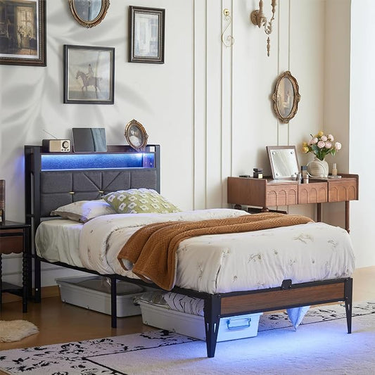 Twin Size Bed Frame with Headboard, Upholstered Platform Bed Frame with Charging Station, Dual LED Light Strips, 2-Tier Storage Shelves, Heavy Duty Metal frame, Noise-Free, No Box Spring Needed, Black