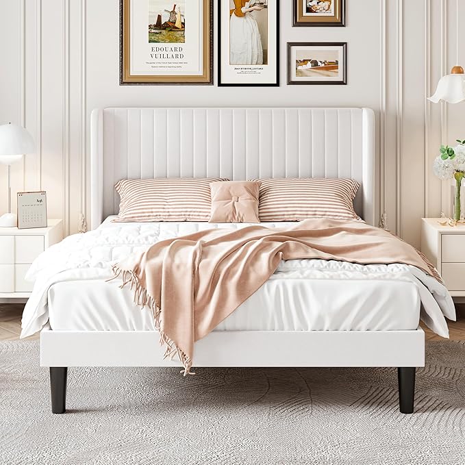SHA CERLIN Full Size Velvet Bed Frame with Vertical Channel Tufted Wingback Headboard, Upholstered Platform Bed with Wood Slats, No Box Spring Needed, Easy Assembly, White