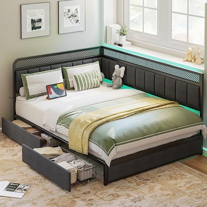 LIKIMIO Full Corner Bed Frame, Modern Daybed with Upholstered Guardrail | Under-Bed Storage Drawers, Built-in Charging Station, Adjustable Smart LED Lights, Gray
