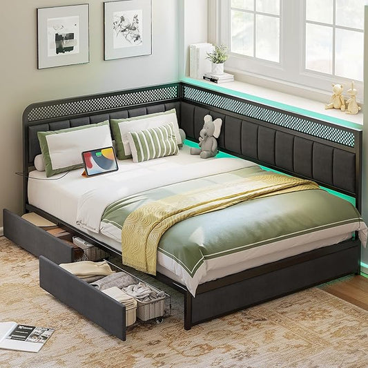 LIKIMIO Full Corner Bed Frame, Modern Daybed with Upholstered Guardrail | Under-Bed Storage Drawers, Built-in Charging Station, Adjustable Smart LED Lights, Gray