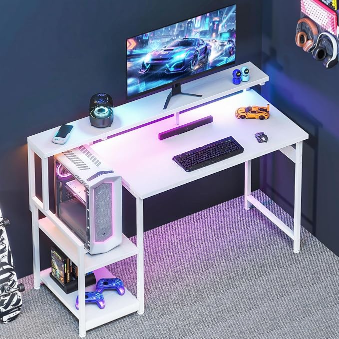 AODK 48 Inch Gaming Desk with LED Lights, Computer Desk with Storage Shelves, Reversible Desk with Monitor Stand, White