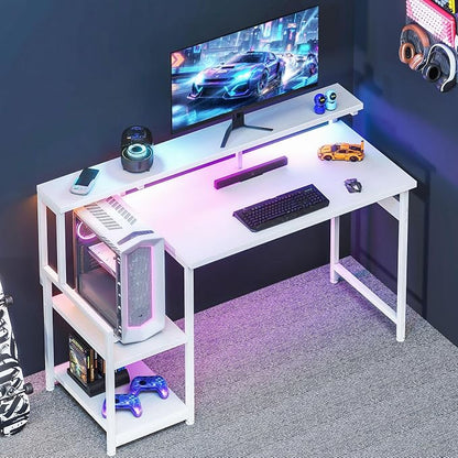 AODK 48 Inch Gaming Desk with LED Lights, Computer Desk with Storage Shelves, Reversible Desk with Monitor Stand, White