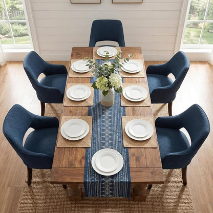 Linen Upholstered Dining Chairs Set of 2 with Arms | Blue linen fabric, breathable upholstery, curved backrest, cushioned seat, solid wood legs, farmhouse style for dining room