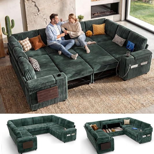 WEUP 111" Modular Sectional Sleeper Sofa with Pull Out Bed, 8 Seat Plush Corduroy U Shaped Couch with Storage Chaise|USB Ports|Cup Holders|Side Table|Storage Armrests, Tool Free Assembly, Green