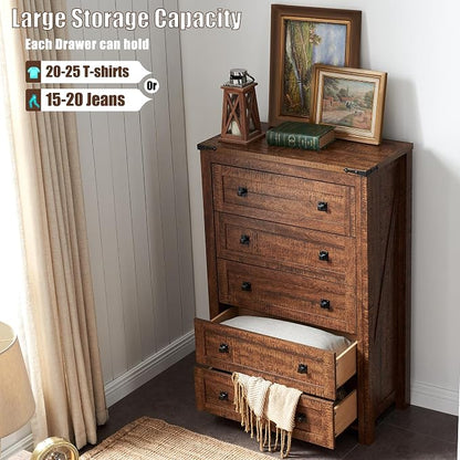 T4TREAM 48" Tall Farmhouse 5-Drawer Dresser for Bedroom, Reclaimed Barnwood | Rustic chests of drawers, Wood Storage Cabinet, Metal Handle, Unique Corner Accent, Bedroom, Living Room, Hallway