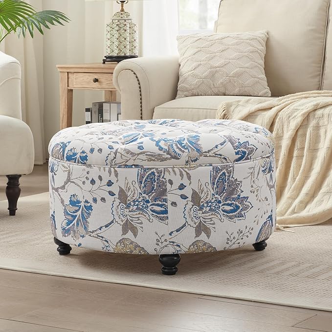 HUIMO 30-Inch Round Storage Ottoman, Modern Button Tufted Coffee Table with Removable Top, Upholstered Ottoman with Storage Footrest Stool for Living Room, Bedroom and Office(Blue Flower)