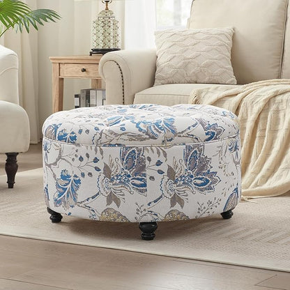 HUIMO 30-Inch Round Storage Ottoman, Modern Button Tufted Coffee Table with Removable Top, Upholstered Ottoman with Storage Footrest Stool for Living Room, Bedroom and Office(Blue Flower)