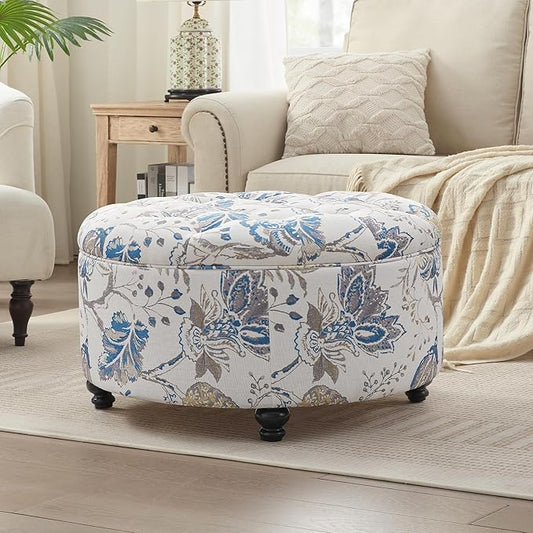 HUIMO 30-Inch Round Storage Ottoman, Modern Button Tufted Coffee Table with Removable Top, Upholstered Ottoman with Storage Footrest Stool for Living Room, Bedroom and Office(Blue Flower)