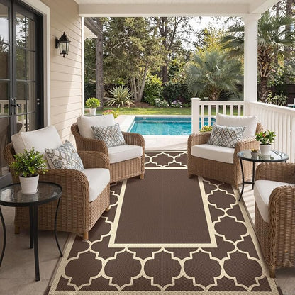 GENIMO 6' x 9' Outdoor Rug Waterproof for Patio Decor, Foldable Reversible Plastic Straw Area Rugs Mat for Camper, Outside Carpet for Rv, Deck, Porch, Picnic, Beach, Balcony, Coffee & Beige