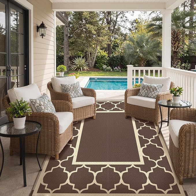 GENIMO 9' x 12' Outdoor Rug Waterproof for Patio Decor, Foldable Reversible Plastic Straw Area Rugs Mat for Camper, Outside Carpet for Rv, Deck, Porch, Picnic, Beach, Balcony, Coffee & Beige