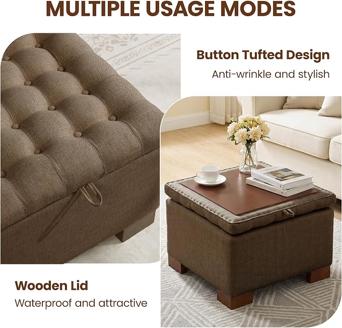 24 Inch Square Storage Ottoman Coffee Table, Modern Tufted Upholstered Ottoman with Flip Tray and Solid Wood Legs, Suitable for Living Rooms, Linen Brown