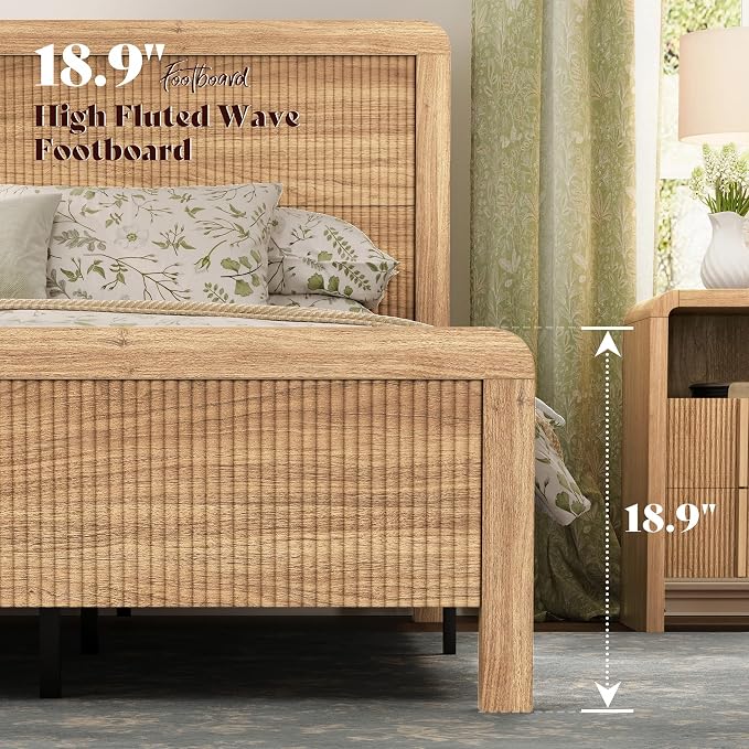AMERLIFE 3-Piece Modern Fluted Bedroom Furniture Set, Including Wood King Size Bed Frame with Headboard & Footboard and Storage Night Stand Set of 2, Wooden Bedframe and Nightstand Sets, Natural Oak