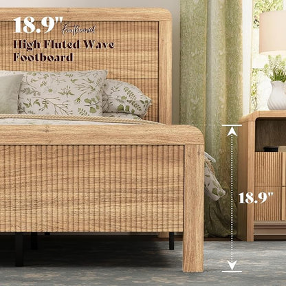 AMERLIFE 3-Piece Modern Fluted Bedroom Furniture Set, Including Wood King Size Bed Frame with Headboard & Footboard and Storage Night Stand Set of 2, Wooden Bedframe and Nightstand Sets, Natural Oak