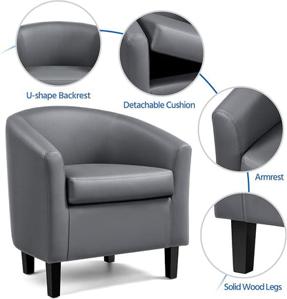 Topeakmart Faux Leather Club Chair, Modern Accent Chair and Cozy Barrel Armchair with Sturdy Wood Legs for Living Room Bedroom Reception Room, Gray