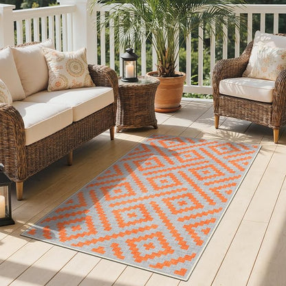 GENIMO Outdoor Rug for Patio Clearance, 3'x5' Indoor Area Rug, Waterproof Reversible Fall Doormat, Outside Camping Carpet for Porch, Living Room, Balcony, Deck, Bedroom, Picnic, Grey Orange