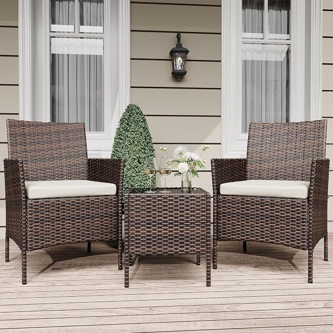 3 Pieces Patio Furniture Sets, Outdoor Wicker Furniture with Soft Cushion and Glass Coffee Table, Modern Rattan Patio Chairs Conversation Sets for Garden, Poolside, Porch, Balconies, Brown and White