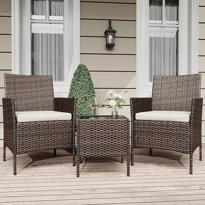 3 Pieces Patio Furniture Sets, Outdoor Wicker Furniture with Soft Cushion and Glass Coffee Table, Modern Rattan Patio Chairs Conversation Sets for Garden, Poolside, Porch, Balconies, Brown and White