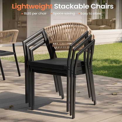 Pellebant Aluminum 11-Piece Outdoor Dining Table Set for 8-10 Person | Patio Stackable Chair with U-Shaped Wicker Backrest, 94" Table with Wood-Grain Top & Umbrella Hole, Aluminum Frame Furniture