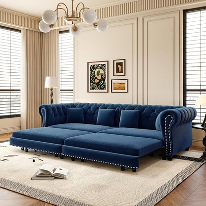 89'' Pull Out Sofa Bed King, Chesterfield Velvet Sleeper Sofa, Convertible L-Shaped Futon Couch, Tufted Back, 4 Pillows, Ottoman, Deep Seat Loveseat Couches for Living Room, Apartment, Blue