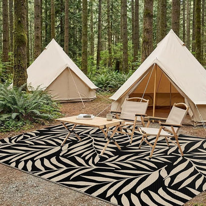 Smiry Outdoor Rug 5x8 ft, Waterproof Reversible Plastic Straw Rugs, Outdoor Area Rug with Leaf Pattern, Outside Floor Mat for Patio, Backyard, Deck, Picnic, Beach, Camping, Black & Beige