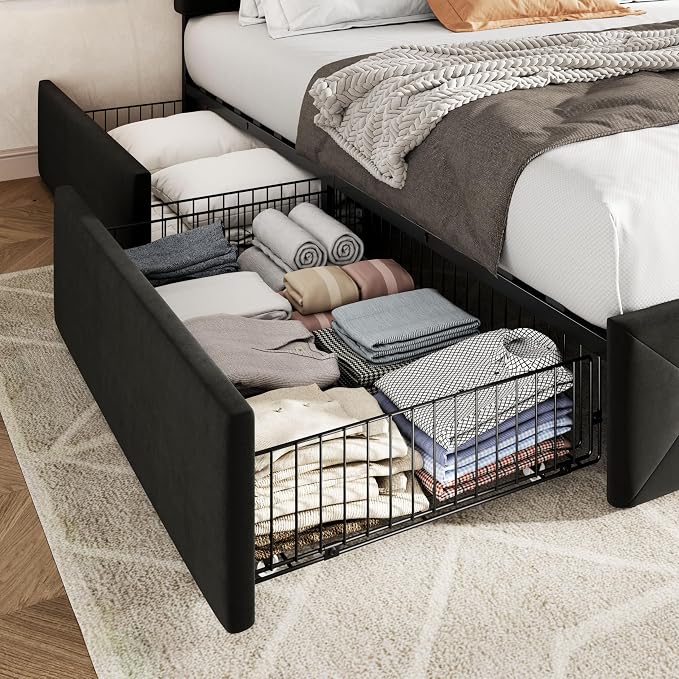Allewie Upholstered Queen Size Platform Bed Frame with 4 Storage Drawers and Adjustable Headboard, Diamond Button Tufted, Wooden Slats Support, Noise-Free, No Box Spring Needed, Easy Assembly, Black