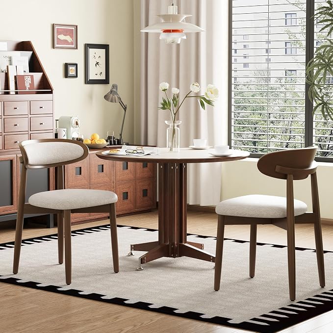 Wooden Dining Chairs Set of 2, Modern Fabric Upholstered Dining Room Chair, Kitchen Side Chairs, Farmhouse Dinner Chair with Curved Back for Kitchen, Beige