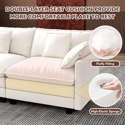 Ihanherry 114" V-Shaped Modern Sofa Modular Sectional Cloud Couch with 2 Ottoman, 7-Seat Chenille Deep Seat Sofa with Corner Section for Living Room, Bedroom and Apartment, Beige