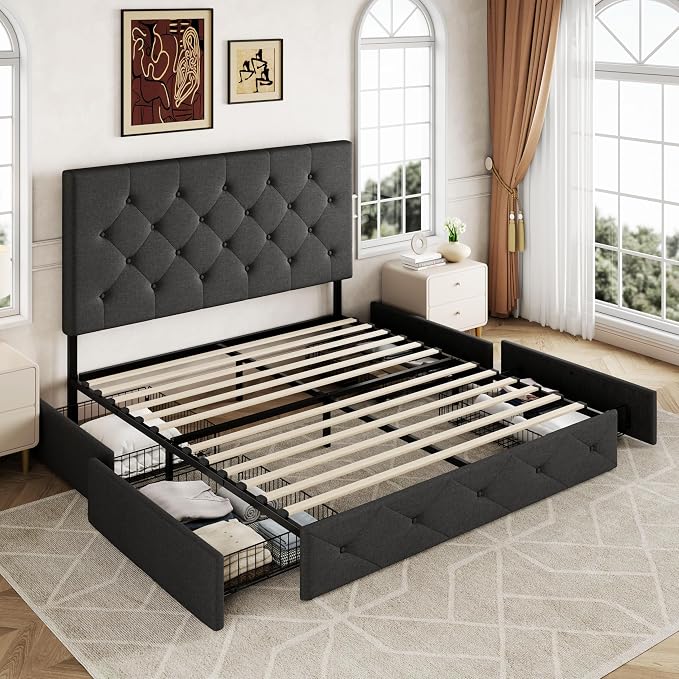 Allewie Upholstered Full Size Platform Bed Frame with 4 Storage Drawers and Headboard, Diamond Stitched Button Tufted, Mattress Foundation with Wooden Slats Support, No Box Spring Needed, Dark Grey